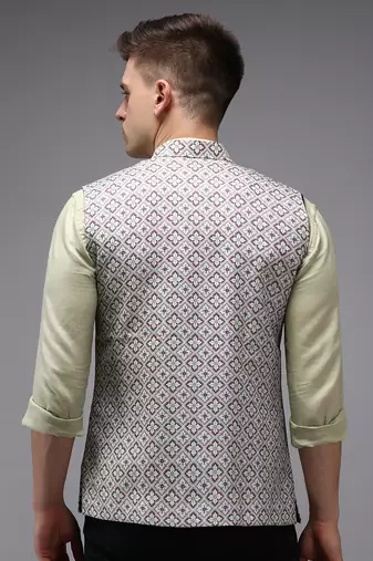 Men's Printed Fluorescent Green Ethnic Nehru Jackets