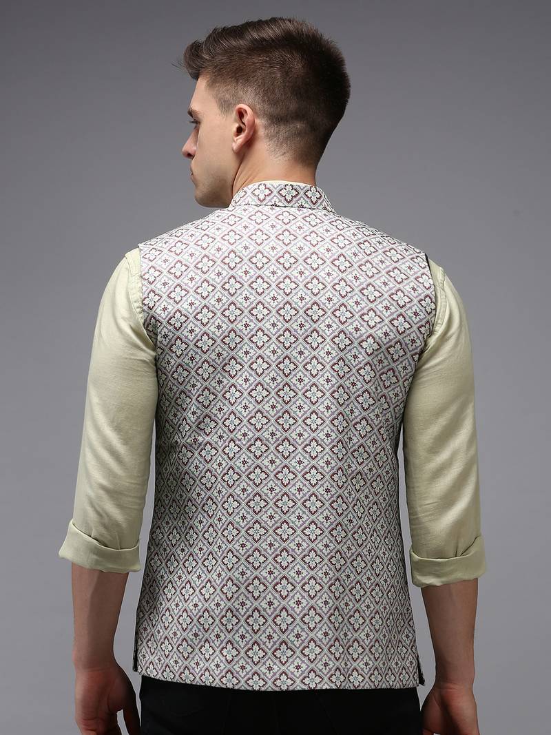 Men's Printed Fluorescent Green Ethnic Nehru Jackets