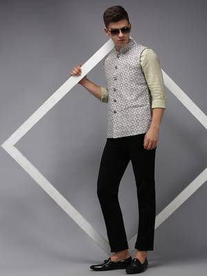 Men's Printed Fluorescent Green Ethnic Nehru Jackets 5