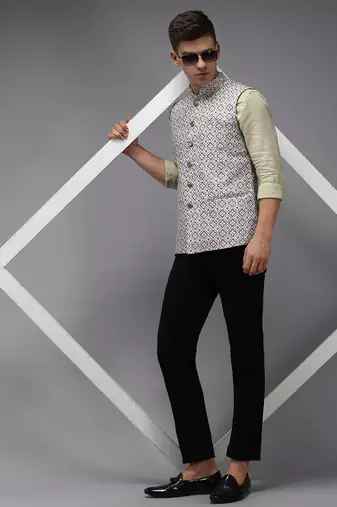 Men's Printed Fluorescent Green Ethnic Nehru Jackets