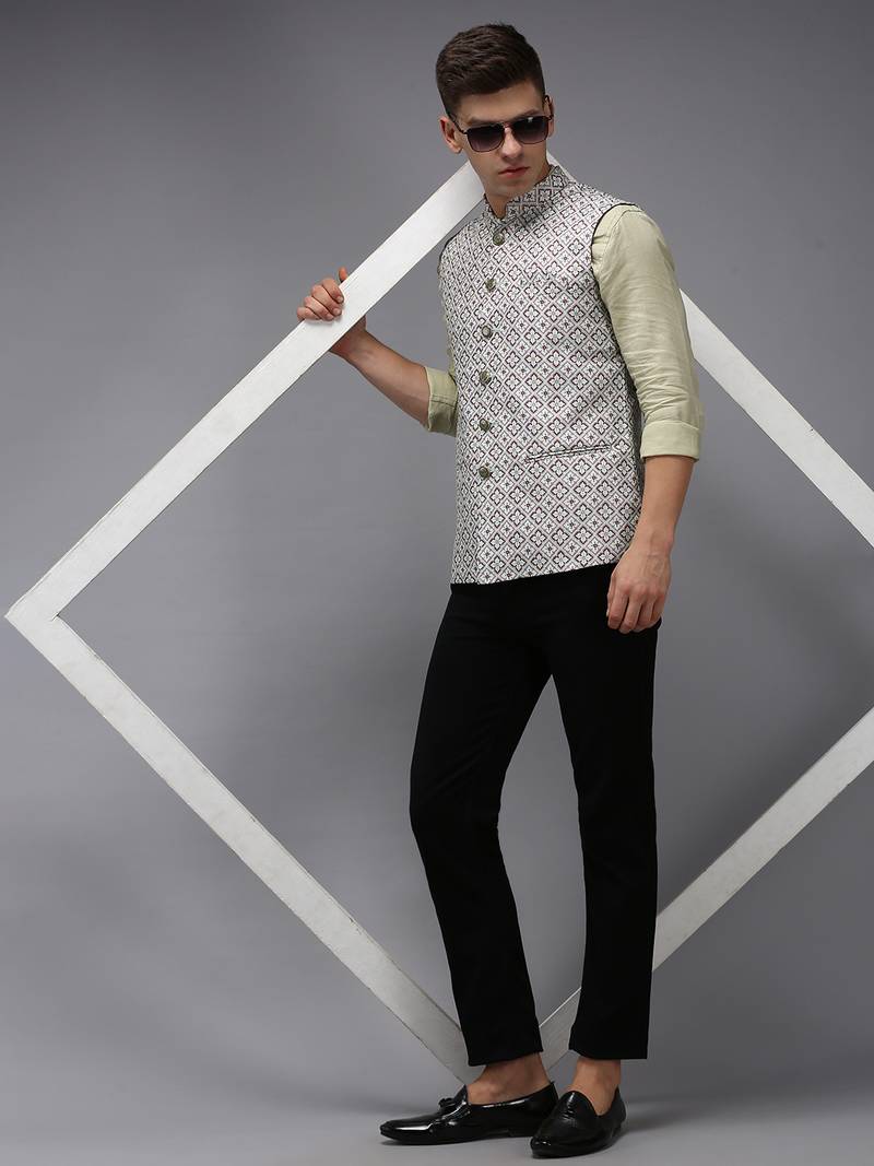 Men's Printed Fluorescent Green Ethnic Nehru Jackets