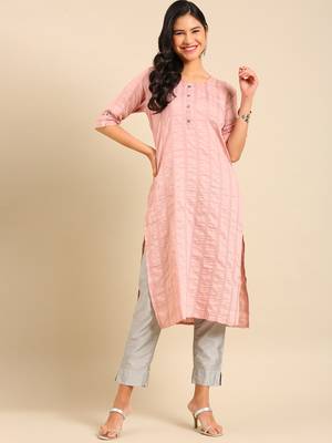 women's calf length round neck pink embellished straight kurta 4