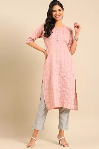 women's calf length round neck pink embellished straight kurta