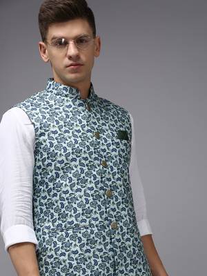 SHOWOFF Men's Printed Sea Green Ethnic Nehru Jackets 2