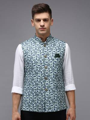 SHOWOFF Men's Printed Sea Green Ethnic Nehru Jackets 3