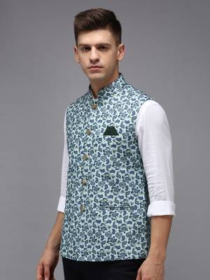 SHOWOFF Men's Printed Sea Green Ethnic Nehru Jackets 1