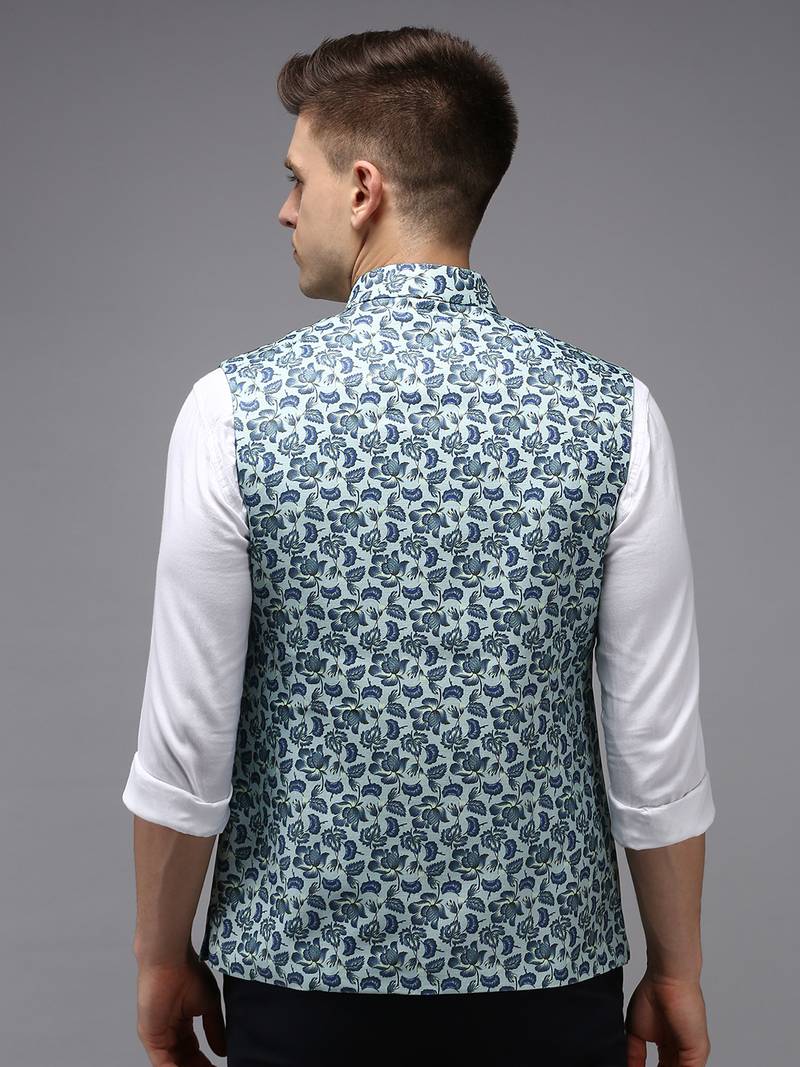 SHOWOFF Men's Printed Sea Green Ethnic Nehru Jackets