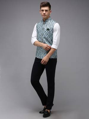 SHOWOFF Men's Printed Sea Green Ethnic Nehru Jackets 5
