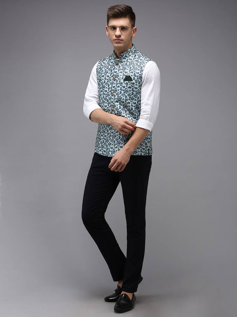SHOWOFF Men's Printed Sea Green Ethnic Nehru Jackets