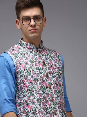 Men's Printed White Ethnic Nehru Jackets 2