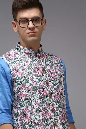 Men's Printed White Ethnic Nehru Jackets