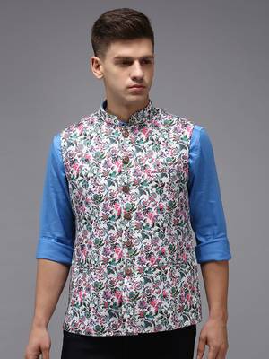 Men's Printed White Ethnic Nehru Jackets 3