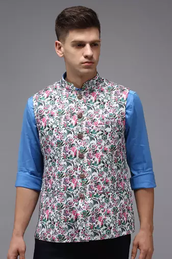 Men's Printed White Ethnic Nehru Jackets