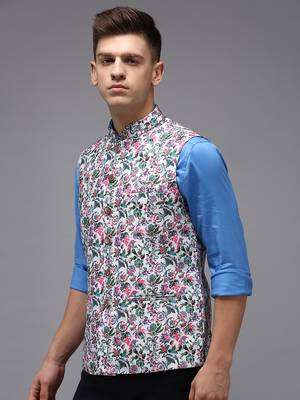 Men's Printed White Ethnic Nehru Jackets 1