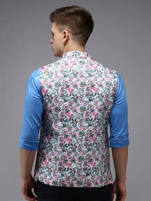 Men's Printed White Ethnic Nehru Jackets 4