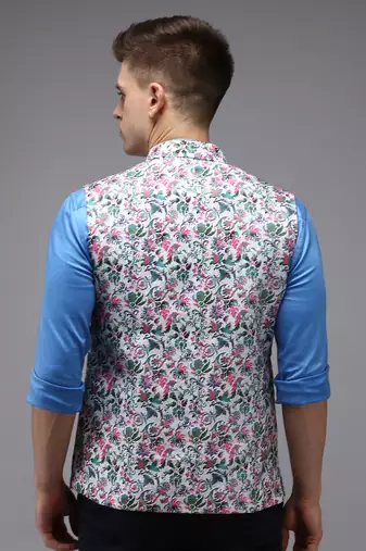 Men's Printed White Ethnic Nehru Jackets