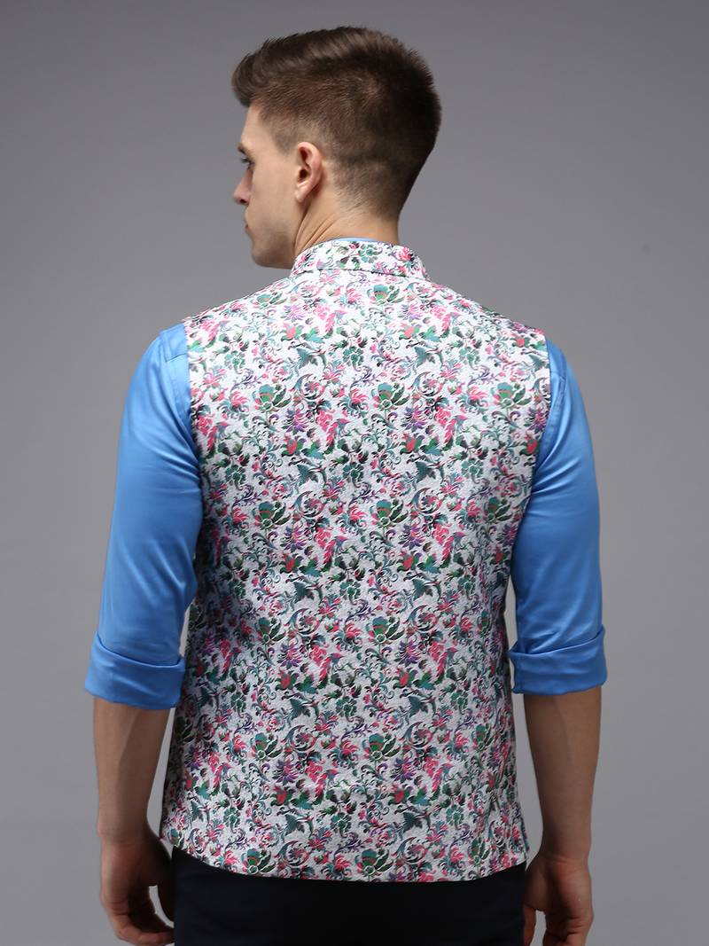 Men's Printed White Ethnic Nehru Jackets