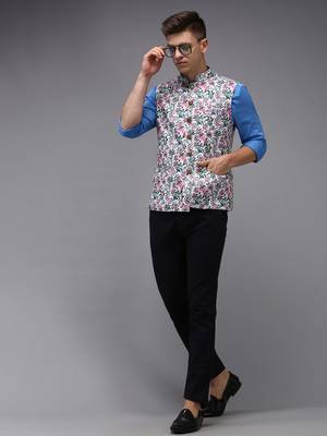 Men's Printed White Ethnic Nehru Jackets 5