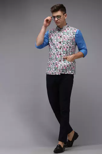 Men's Printed White Ethnic Nehru Jackets
