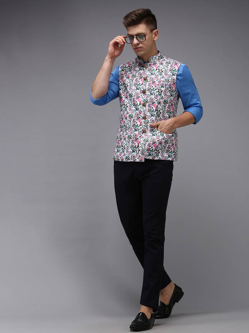 Men's Printed White Ethnic Nehru Jackets