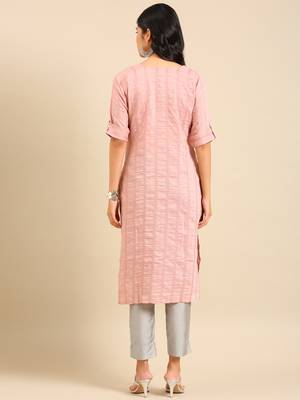 women's calf length round neck pink embellished straight kurta 5