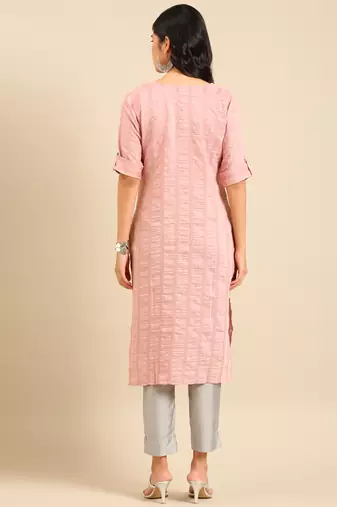 women's calf length round neck pink embellished straight kurta