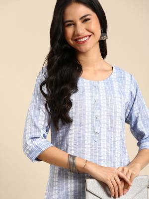 women's calf length round neck blue woven design straight kurta 1