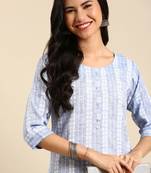 women's calf length round neck blue woven design straight kurta