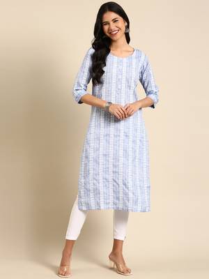 women's calf length round neck blue woven design straight kurta 4