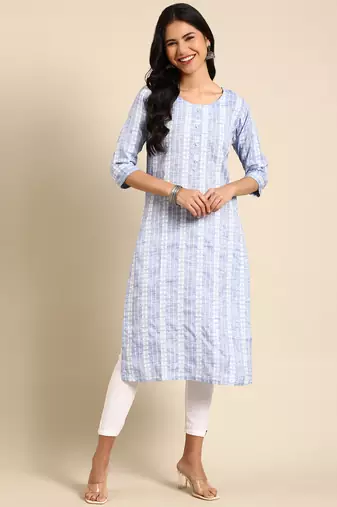women's calf length round neck blue woven design straight kurta