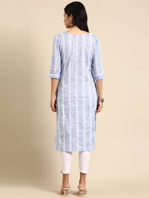 women's calf length round neck blue woven design straight kurta 5