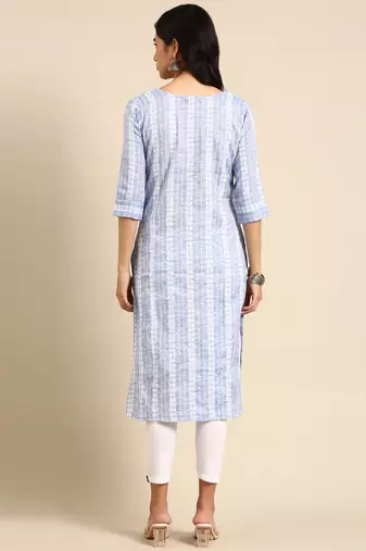 women's calf length round neck blue woven design straight kurta