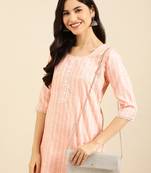 women's calf length round neck peach solid straight kurta