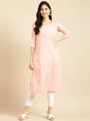 women's calf length round neck peach solid straight kurta 3