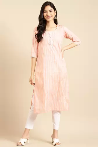 women's calf length round neck peach solid straight kurta