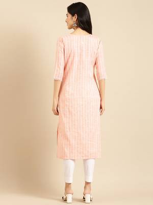 women's calf length round neck peach solid straight kurta 4