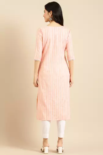 women's calf length round neck peach solid straight kurta