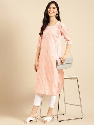 women's calf length round neck peach solid straight kurta 5