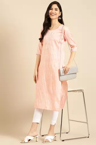 women's calf length round neck peach solid straight kurta