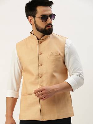 Men's Solid Mandarin Collar Peach Nehru Jacket 1