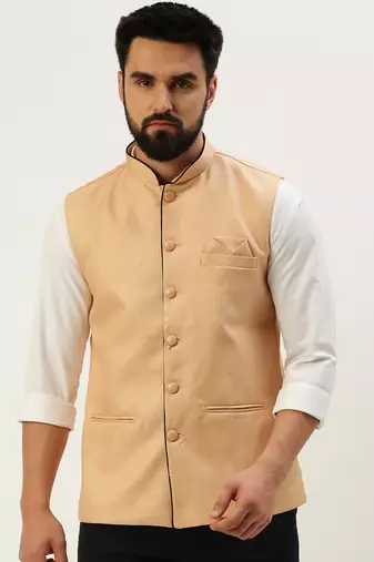 Men's Solid Mandarin Collar Peach Nehru Jacket