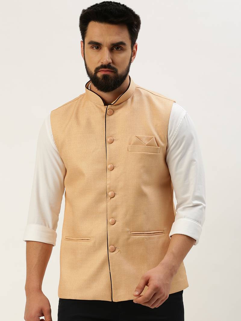 Men's Solid Mandarin Collar Peach Nehru Jacket