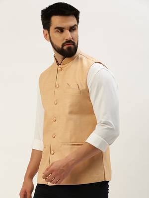 Men's Solid Mandarin Collar Peach Nehru Jacket 3