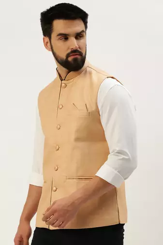 Men's Solid Mandarin Collar Peach Nehru Jacket
