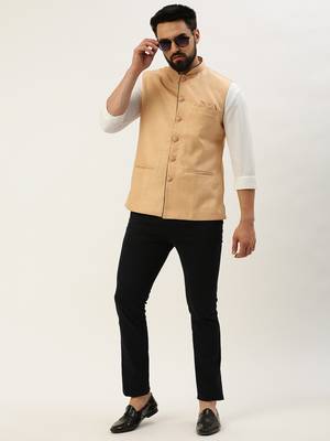 Men's Solid Mandarin Collar Peach Nehru Jacket 5