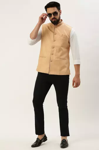 Men's Solid Mandarin Collar Peach Nehru Jacket