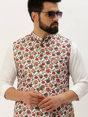 SHOWOFF Men's Printed Mandarin Collar White Nehru Jacket 1