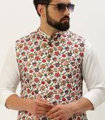 SHOWOFF Men's Printed Mandarin Collar White Nehru Jacket