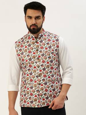 SHOWOFF Men's Printed Mandarin Collar White Nehru Jacket 2