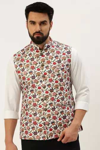 SHOWOFF Men's Printed Mandarin Collar White Nehru Jacket